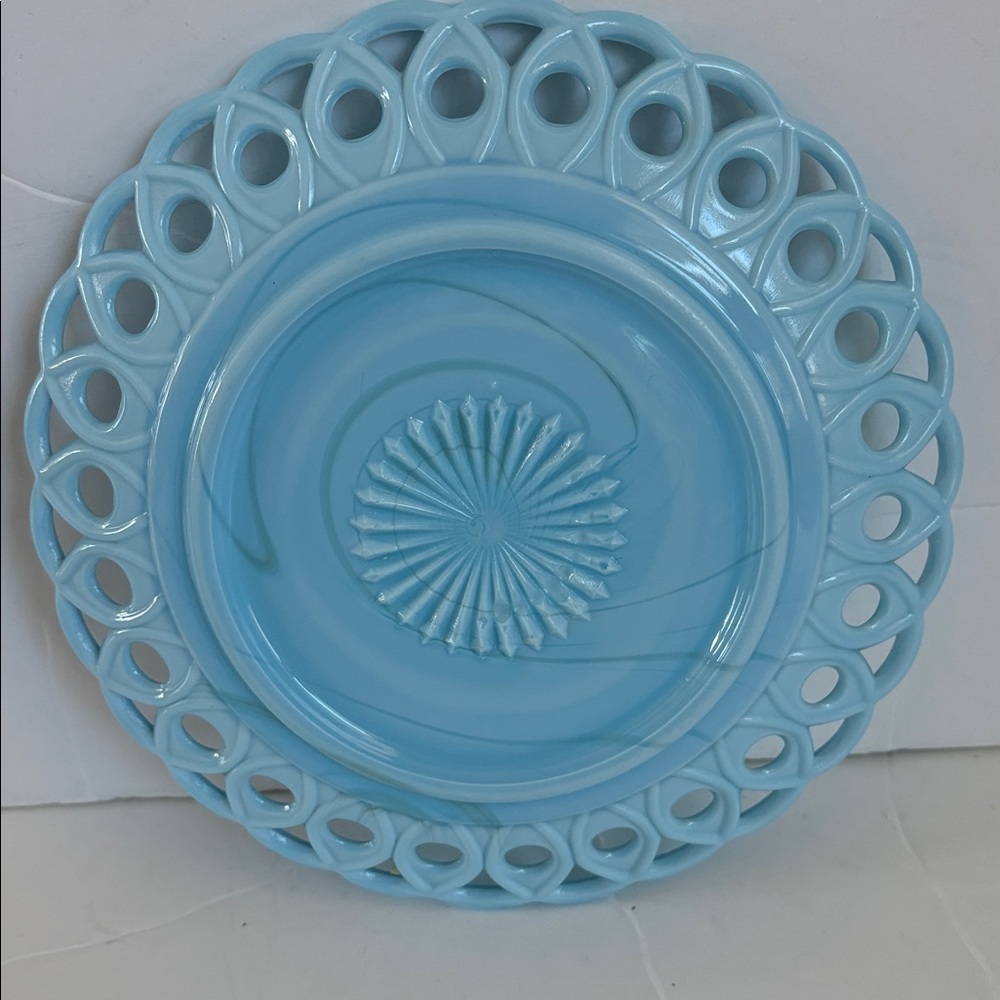 Challinor & Taylor blue milk glass slag glass 8” and 10” scroll and eye plates - Picture 4 of 14